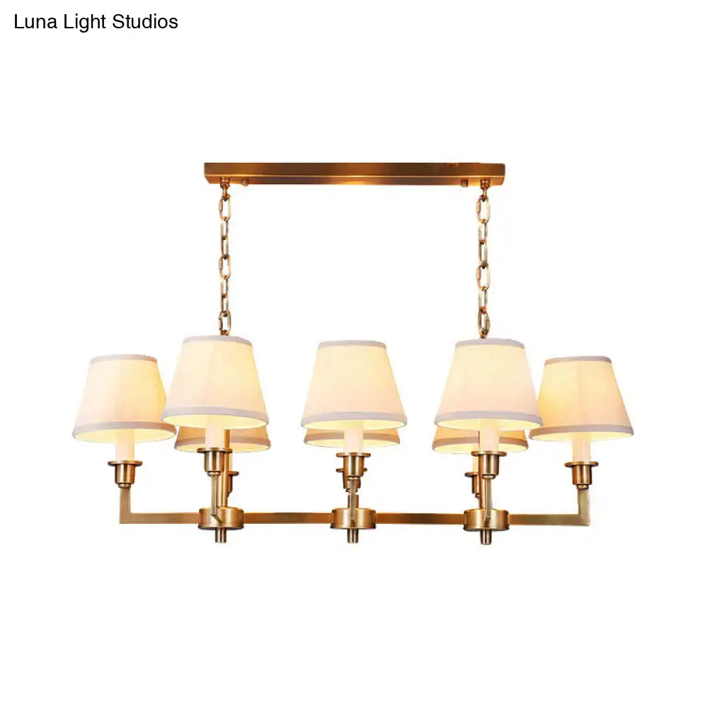 DecorBites™ brass-finished ceiling light with five cream fabric shades for living room conic island ceiling installation