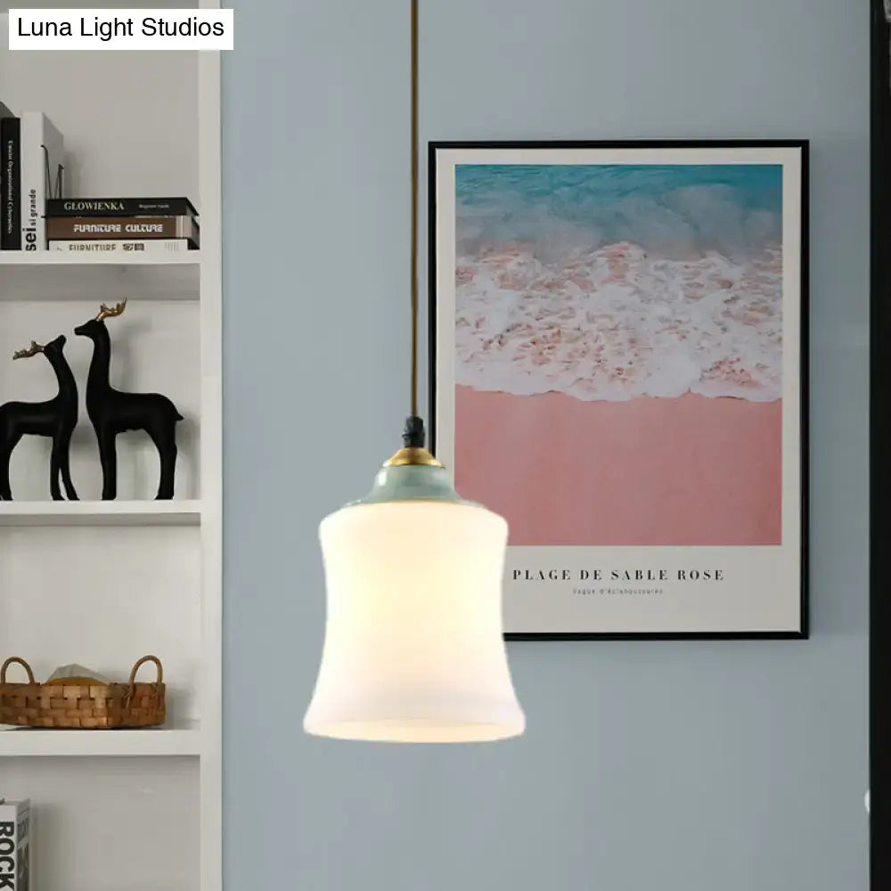 Decorbites traditional white glass pendant light with frosted glass, brass accent, and pale mint ceramic top for restaurants