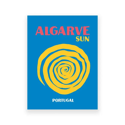 Vibrant blue art print poster featuring a bold yellow spiral sun with algarve sun and portugal text from decorbites travel posters art print set