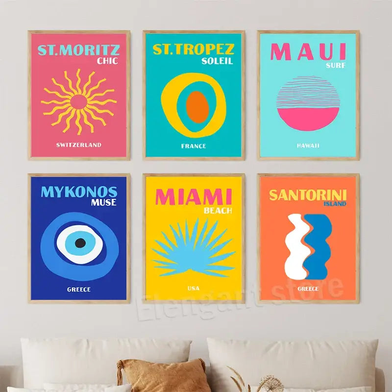 Set of six vibrant minimalist travel posters art print in wooden frames for living room decor by decorbites