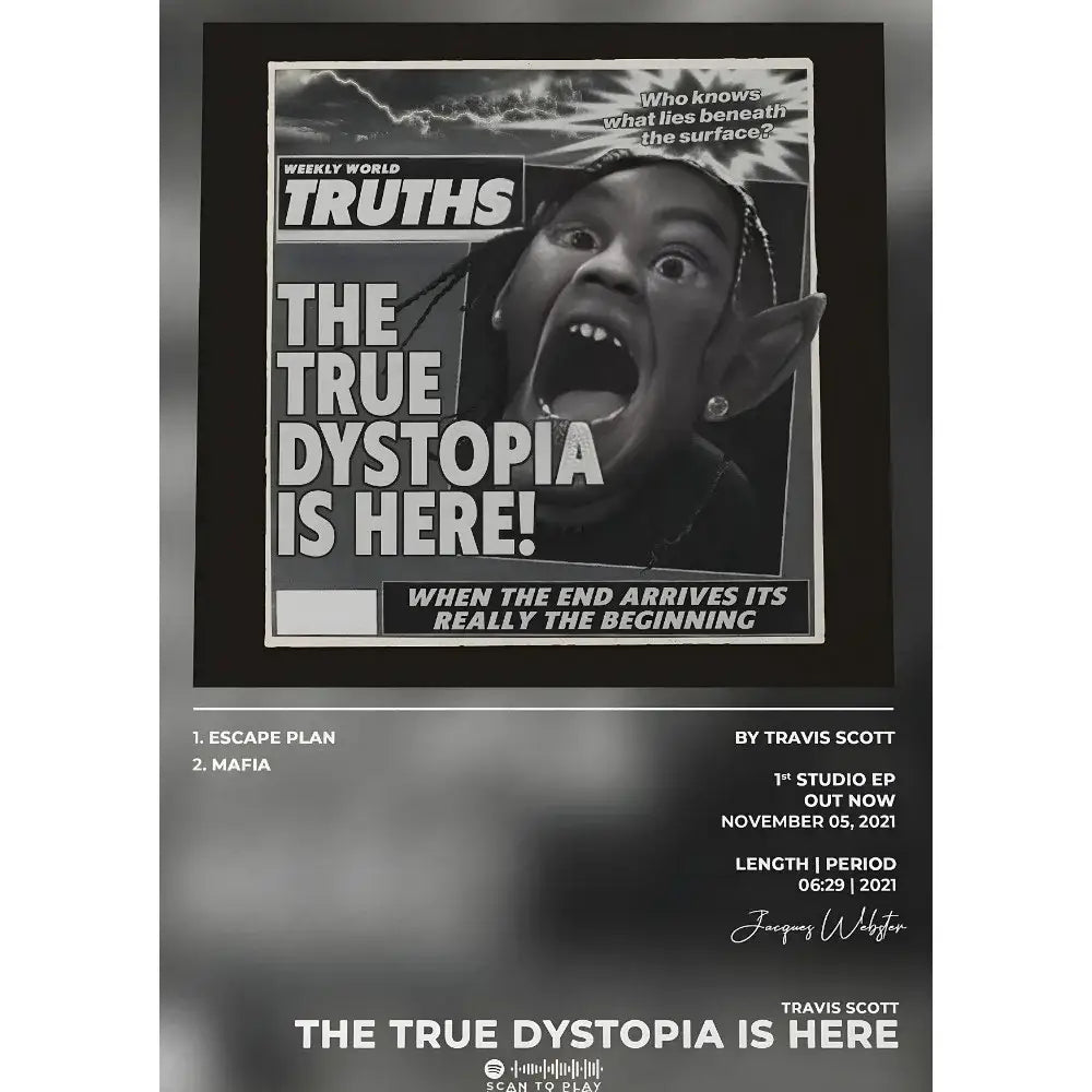 Black-and-white travis scott album poster with bold typography waterproof wall art for durable home decor