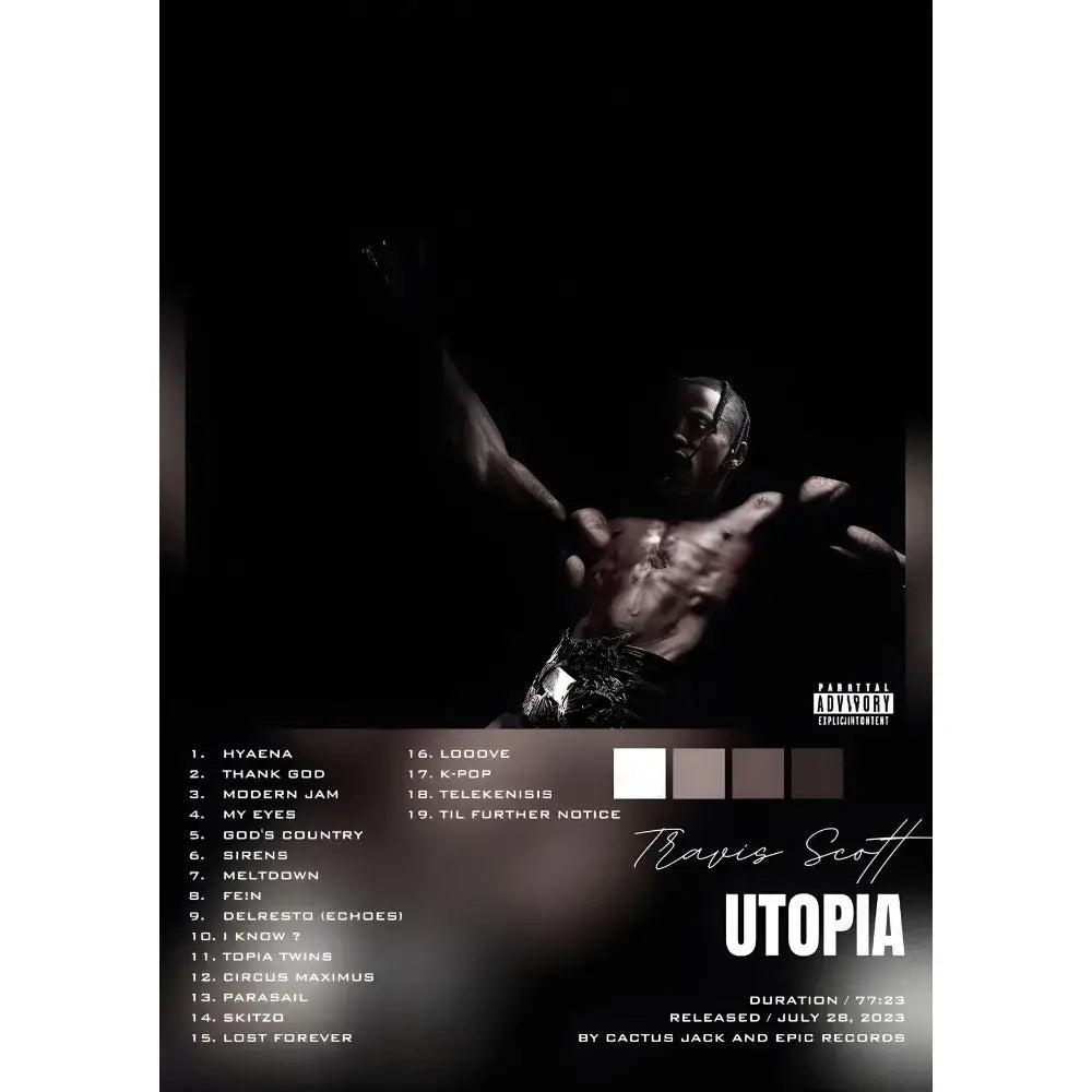 Black and white travis scott utopia album poster featuring a darkly lit figure, waterproof wall art for decorbites