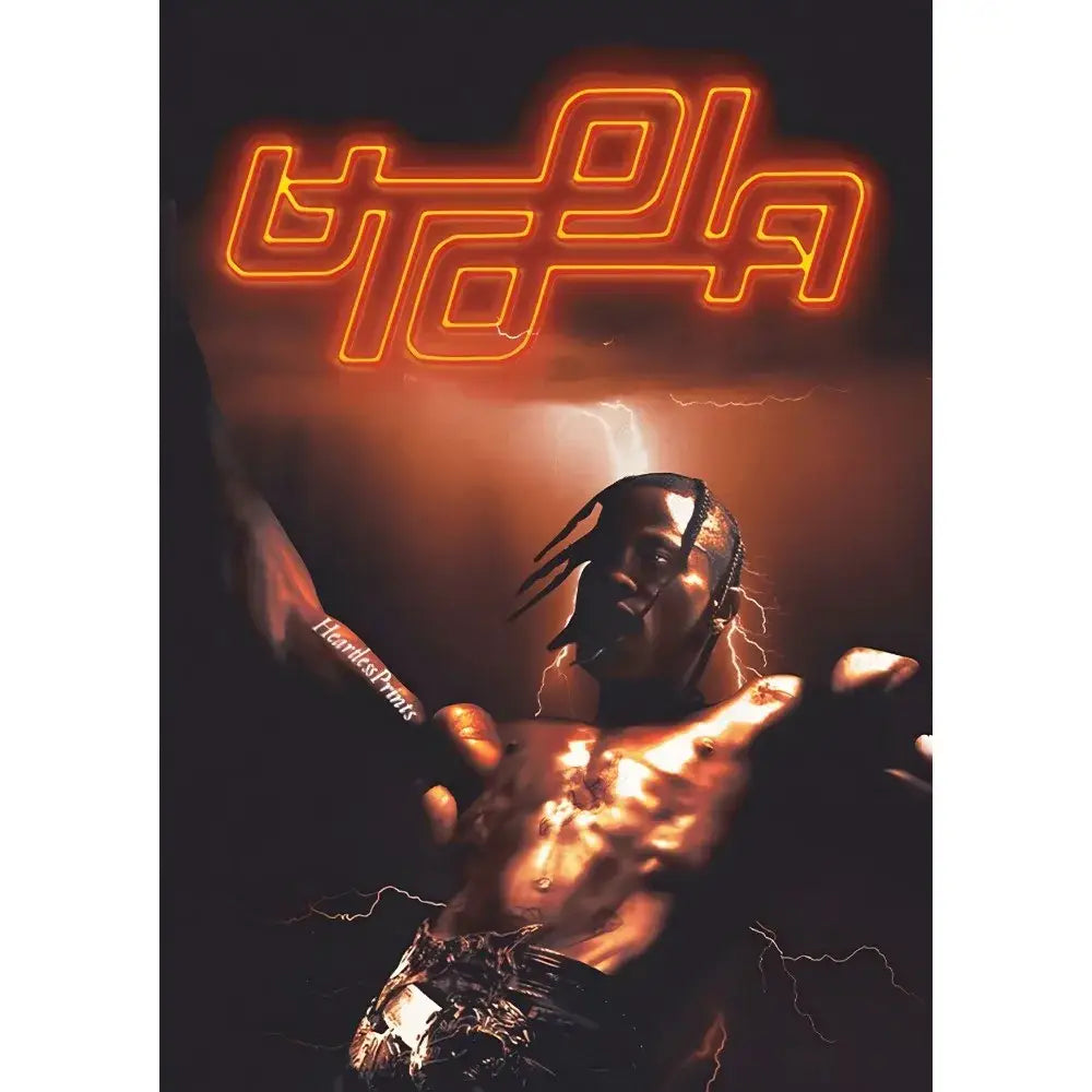 Neon-orange yalla logo album poster featuring a muscular man with lightning effects waterproof wall art