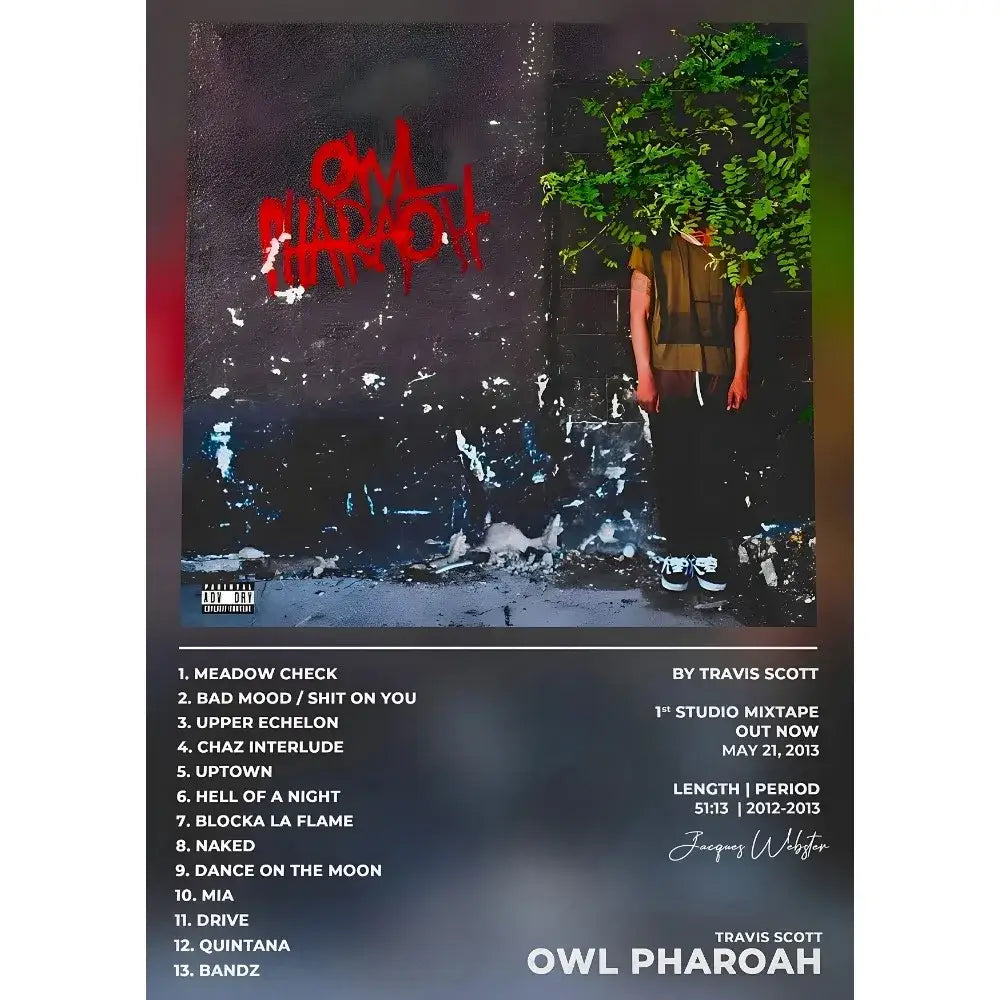 DecorBites™ Travis Scott album poster featuring owl pharaoh 2013 mixtape cover with green foliage and graffiti waterproof wall art