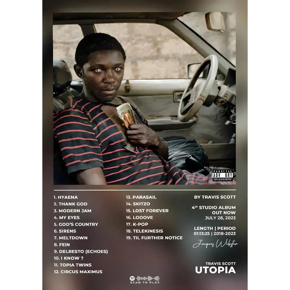 DecorBites™ Travis Scott album poster waterproof wall art showing man in black and red striped shirt holding money inside car