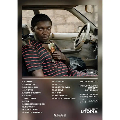 DecorBites™ Travis Scott album poster waterproof wall art showing man in black and red striped shirt holding money inside car