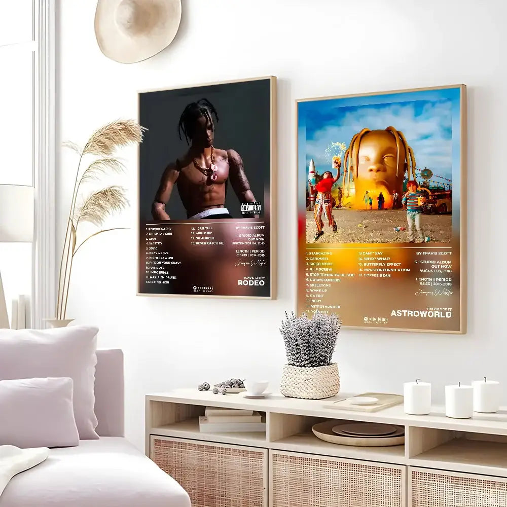 Two framed travis scott album posters utopia and astroworld displayed as waterproof wall art on a white wall