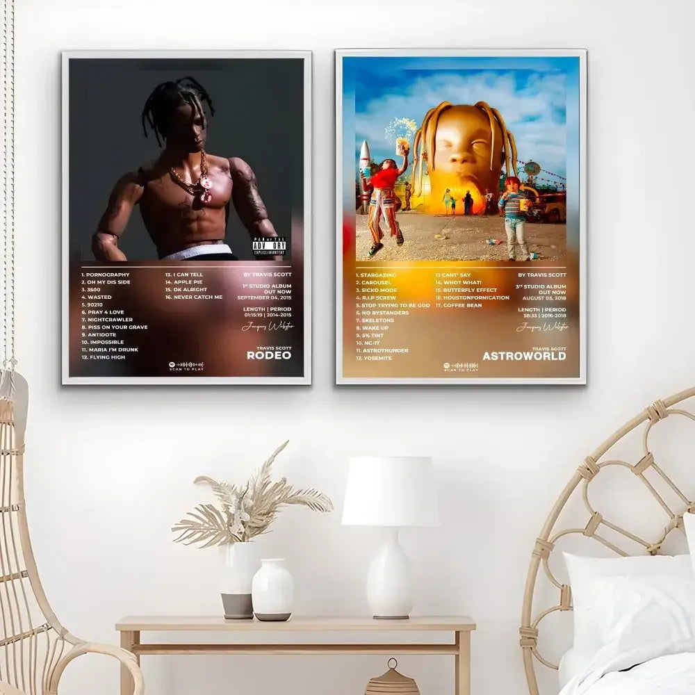 Two framed travis scott album posters rodeo and astroworld displayed as waterproof wall art on a white wall