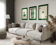 DecorBites™ trendy 3-piece retro wall art set featuring green and cream queen of hearts playing card designs above sofa