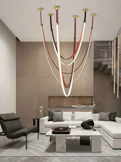 DecorBites™ trendy leather belt led chandelier with white and brown leather straps and gold fixtures for living room lighting