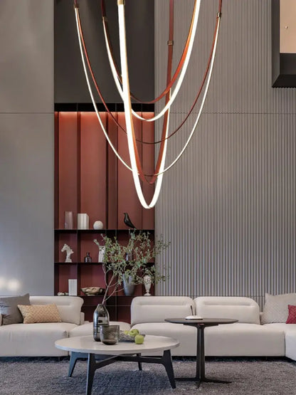 Modern decorbites leather belt led chandelier light with intertwined copper and white flexible led strips for living room