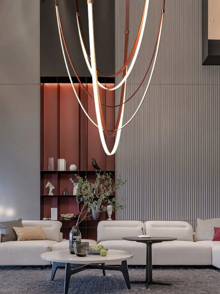 Modern decorbites leather belt led chandelier light with intertwined copper and white flexible led strips for living room