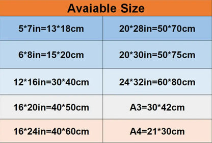 A chart showing available paper sizes in inches and centimeters for DecorBites™ trendy orangutans wall art print