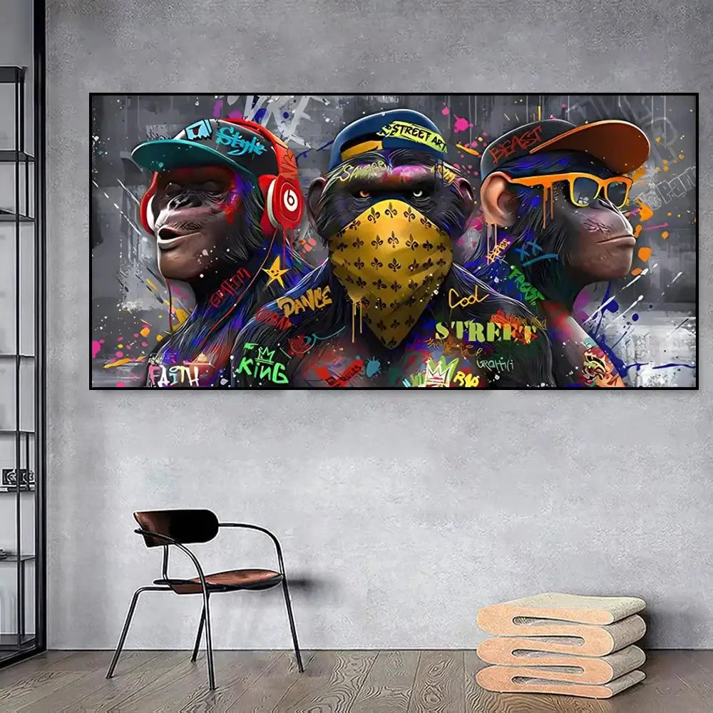 Vibrant graffiti-style decorbites™ wall art print featuring three trendy orangutans in colorful streetwear and accessories