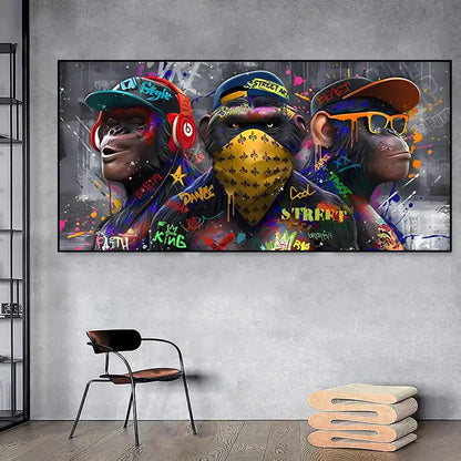 Vibrant graffiti-style decorbites™ wall art print featuring three trendy orangutans in colorful streetwear and accessories
