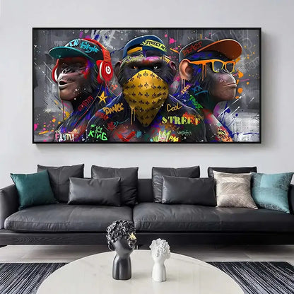 DecorBites™ trendy orangutans wall art print featuring vibrant graffiti-style canvas with three trendy orangutans in streetwear