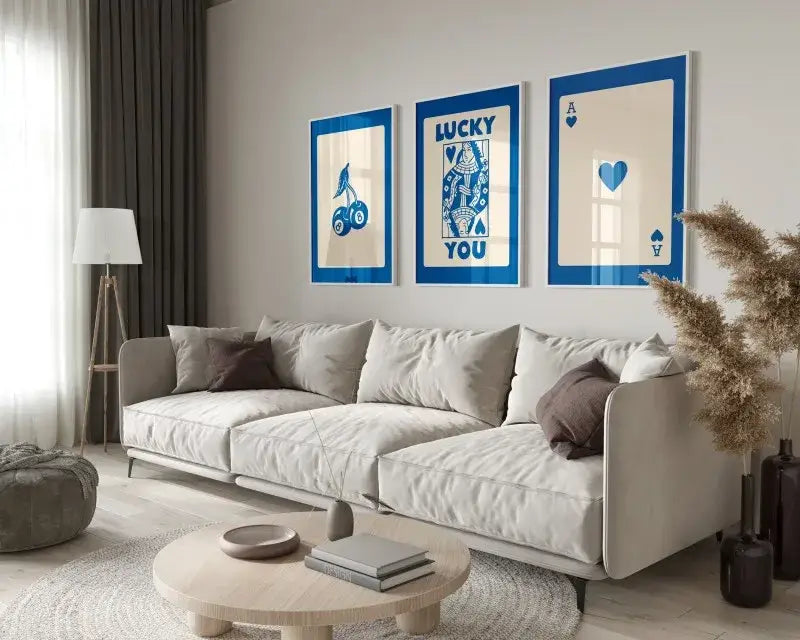 Beige sectional sofa with soft cushioned seating and dark brown throw pillows beside decorbites™ trendy retro wall art posters wall art posters set