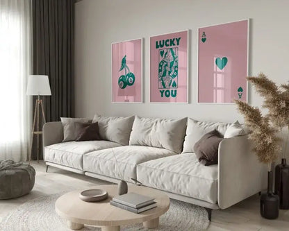Beige upholstered sectional sofa with dark brown throw pillows paired with decorbites™ trendy retro wall art posters set queen of hearts