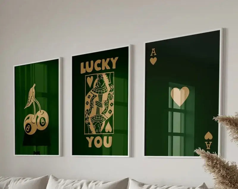 Three framed green and gold playing card-themed trendy retro wall art posters from decorbites queen of hearts set