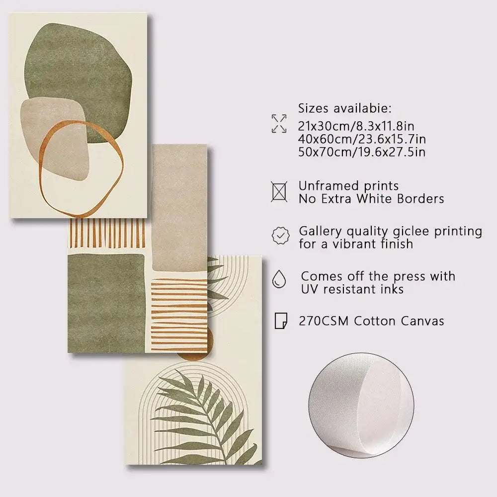 Set of decorbites™ tropical leaves canvas wall art prints on 270gsm cotton featuring earthy tones and abstract shapes