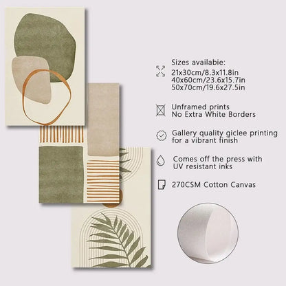 Set of decorbites™ tropical leaves canvas wall art prints on 270gsm cotton featuring earthy tones and abstract shapes