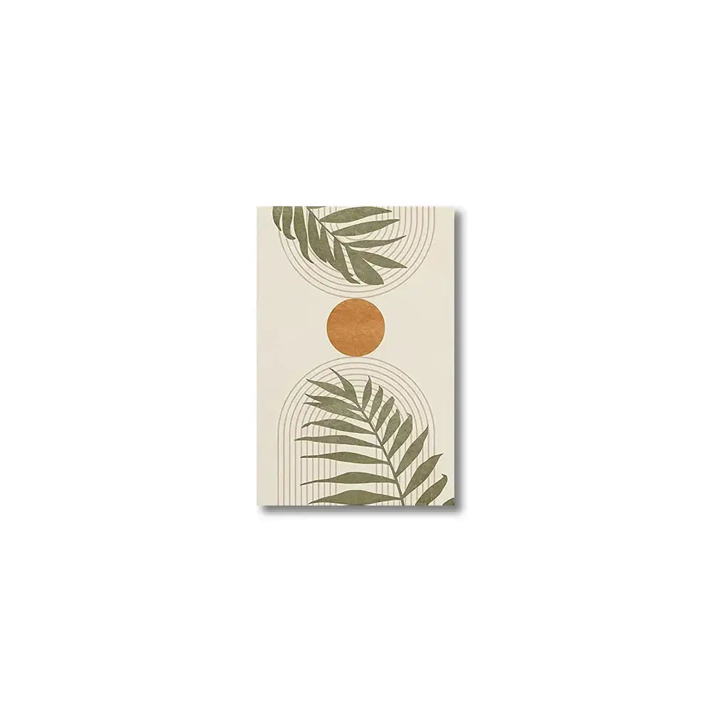 Beige rectangular canvas wall art by decorbites featuring tropical leaves abstract in olive green and gold textured shapes