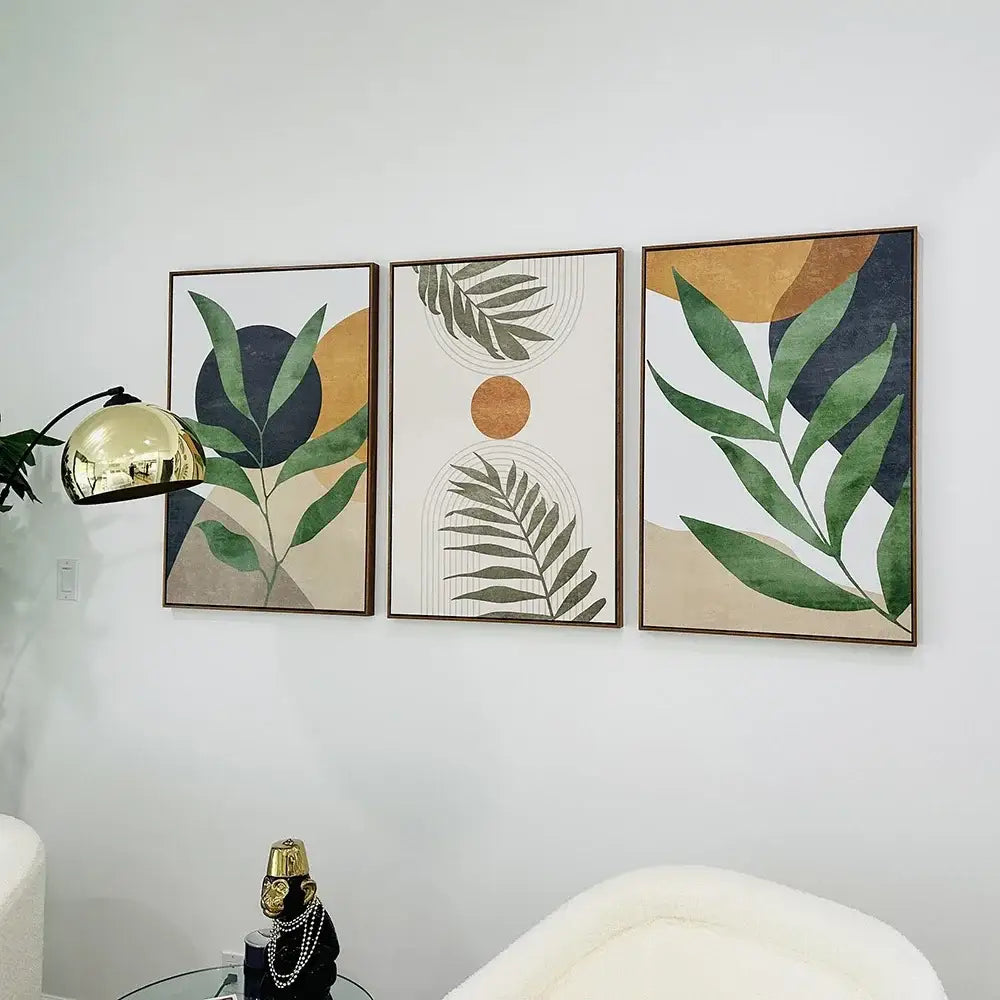 DecorBites™ tropical leaves canvas wall art set of three framed prints with leaves abstract and abstract shapes in green and navy