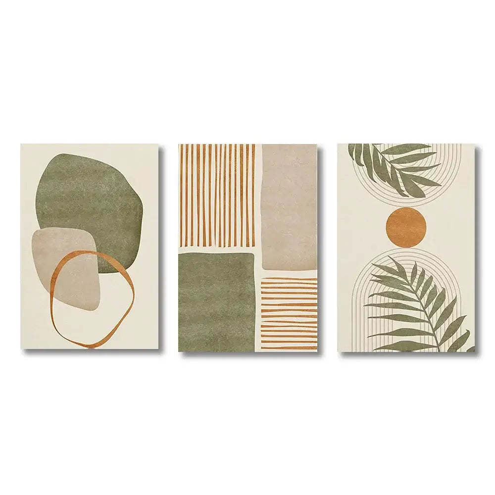 Set of three DecorBites™ tropical leaves canvas wall art prints with earthy tones and abstract shapes