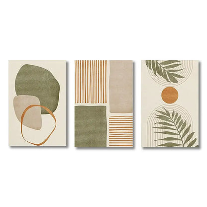 Set of three DecorBites™ tropical leaves canvas wall art prints with earthy tones and abstract shapes
