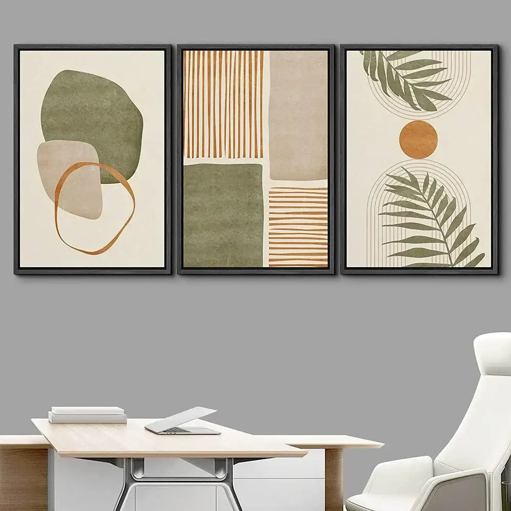 Set of three DecorBites™ tropical leaves canvas wall art prints with earthy tones and minimalist leaves abstract designs