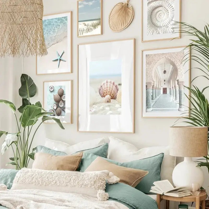 Beige woven pendant lamp with natural textured finish complementing decorbites™ tropical ocean shell wall art for living room wall art