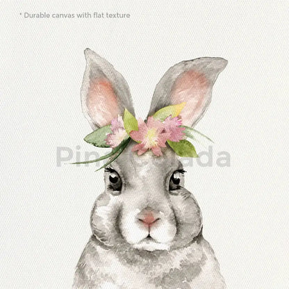 Decorbites tropical ocean shell wall art featuring a gray bunny with floral crown printed on durable canvas for living room
