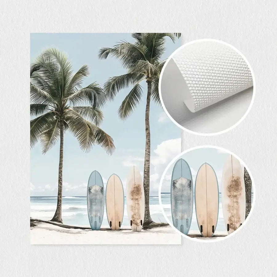 DecorBites™ tropical surfboard travel wall art set featuring beige and light blue surfboards with sandy textures