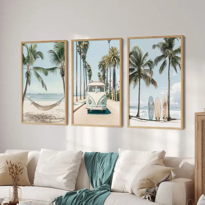 Set of three framed tropical surfboard travel wall art prints with light wood frames for beach-themed decor