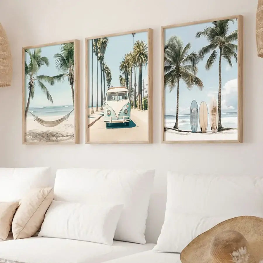 Set of three framed DecorBites™ tropical surfboard travel wall art prints featuring palm trees vintage van and surfboards