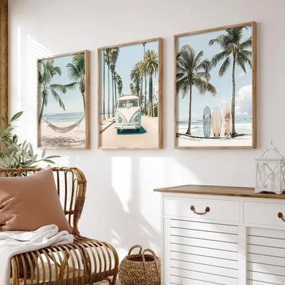 Three framed beach-themed prints with light wood frames featuring palm trees and a vintage van for tropical surfboard travel wall art