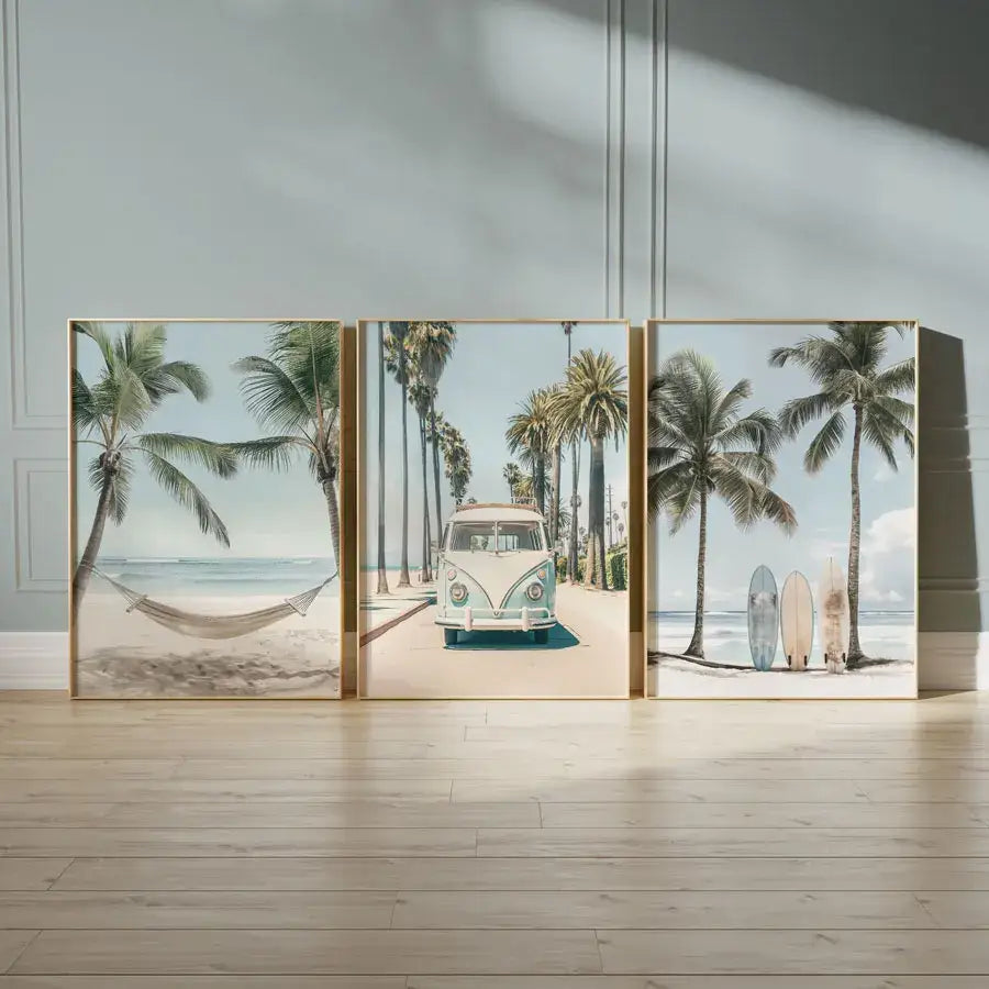 Set of three minimalist gold framed tropical surfboard travel wall art prints featuring palm trees vintage van and surfboards