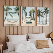 Decorbites tropical surfboard travel wall art set featuring three framed pastel prints of palm trees vintage van and surfboards