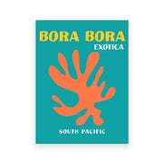 Teal rectangular DecorBites tropical travel posters art print featuring orange coral design and text bora bora exotica south pacific