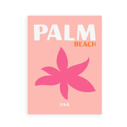 Pink rectangular art print featuring palm beach travel posters art with white and orange text and a magenta starfish graphic