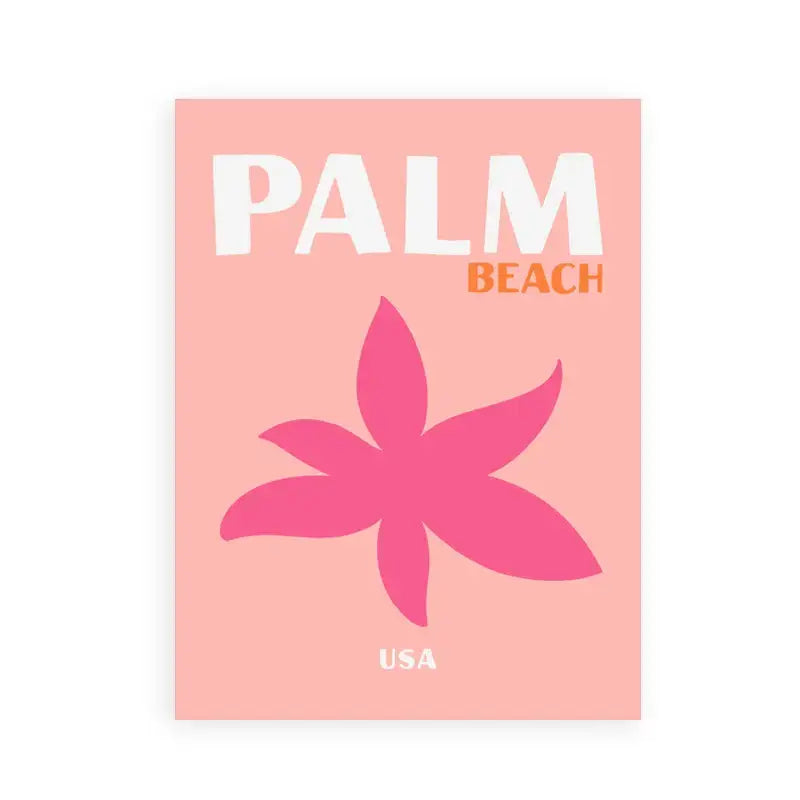 Pink rectangular art print featuring palm beach travel posters art with white and orange text and a magenta starfish graphic