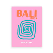 Pink rectangular DecorBites tropical travel posters art print with orange bali bliss text and teal spiral design, indonesia text