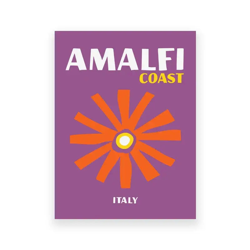 Purple rectangular decorbites™ art print featuring bold white and yellow amalfi coast italy travel posters text with orange sunburst design