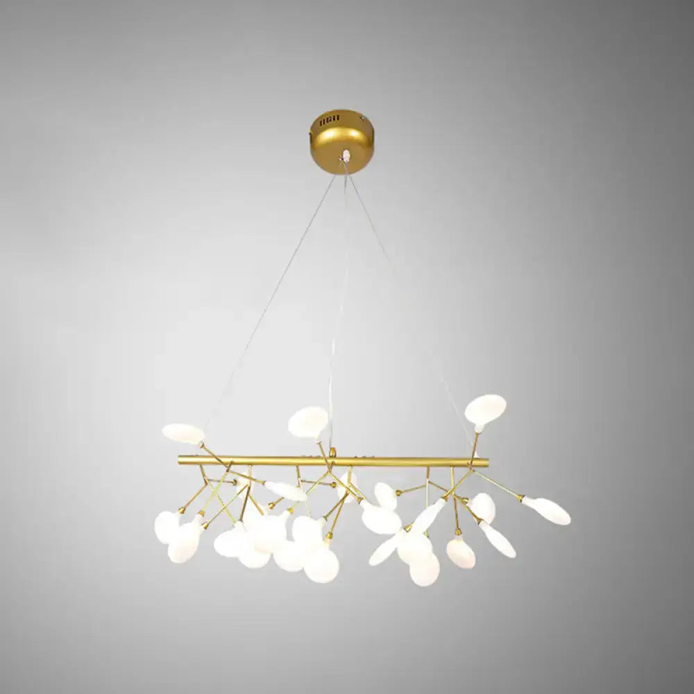 Gold-toned DecorBites™ linear firefly pendant lighting with frosted glass petals and branching arms for living room ceiling light