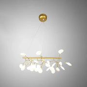 Gold-toned DecorBites™ linear firefly pendant lighting with frosted glass petals and branching arms for living room ceiling light