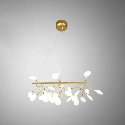 Gold-toned DecorBites™ linear firefly pendant lighting with frosted glass petals and branching arms for living room ceiling light