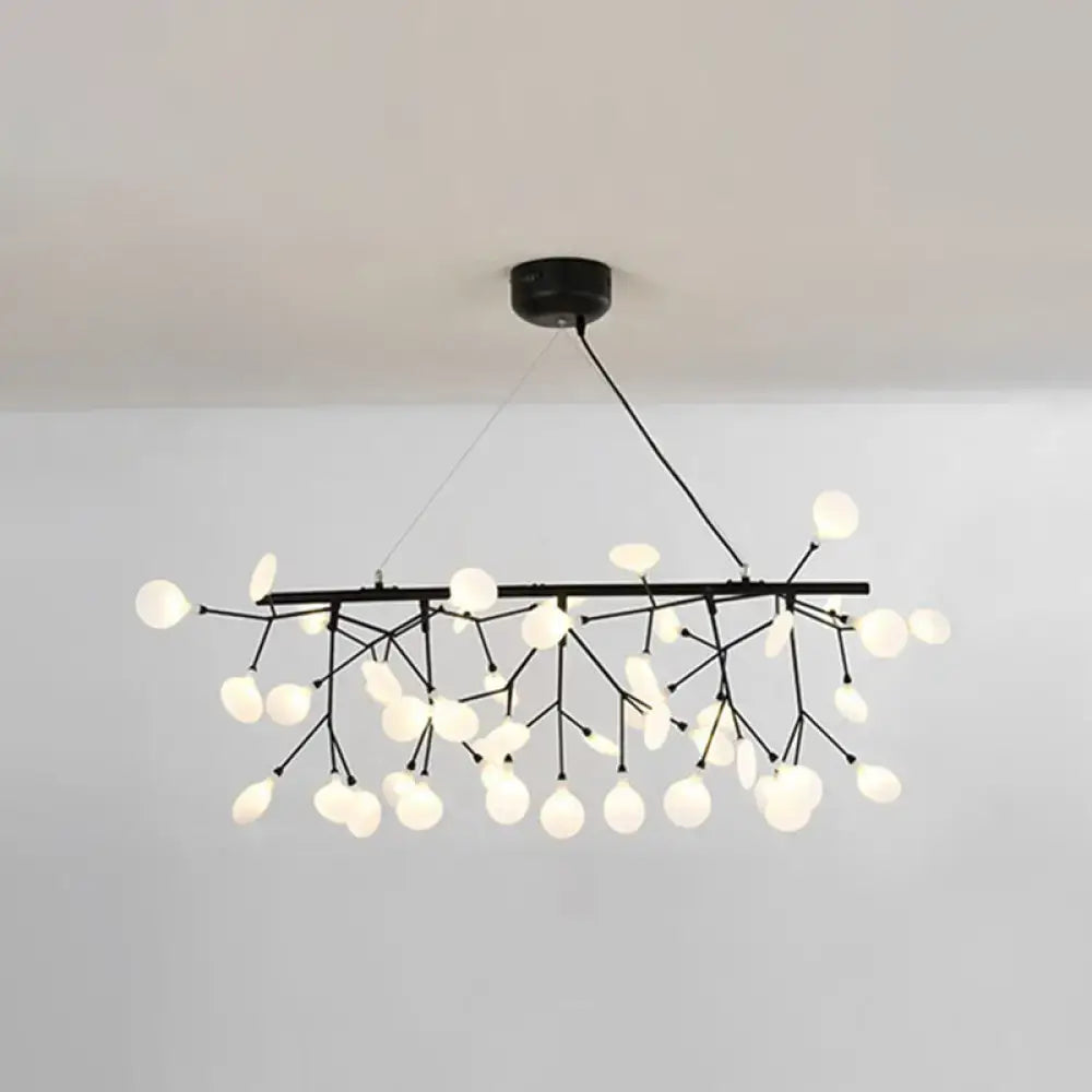 Black metal linear firefly pendant lighting with branching arms and frosted glass globe ceiling light for living room