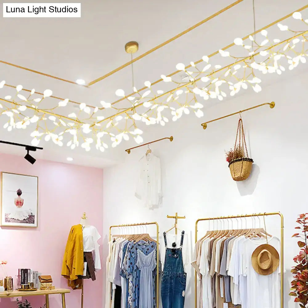 Decorbites™ ultra-modern linear firefly pendant lighting with gold-toned ceiling light and white acrylic leaf bulbs