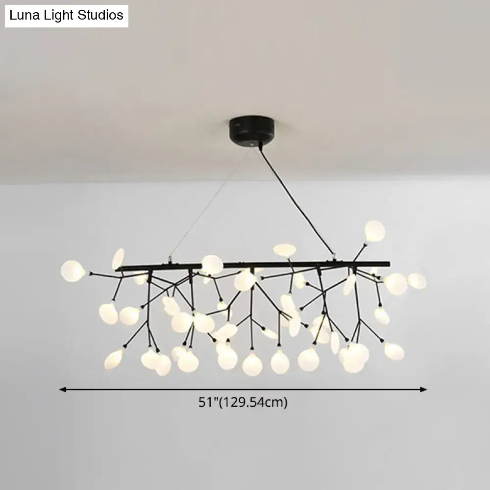 Black metal linear firefly pendant lighting with frosted glass globes in a branching design for living room ceiling light