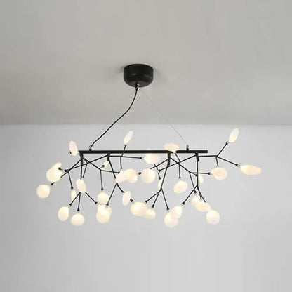 Black metal linear firefly pendant lighting with branching arms and frosted glass globe ceiling light for living room